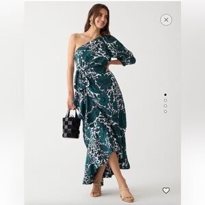 J.Crew Collection one-shoulder ruffle-hem dress in emerald floral